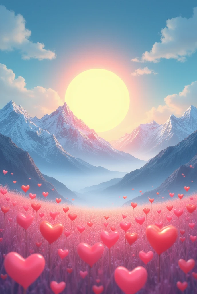 Image of hearts and sun and mountains 
