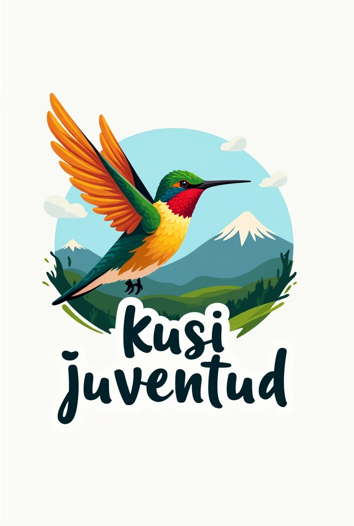 Make a logo with the word kusi juventud all in Spanish and that has on the left side an image of a hummingbird with an Andean background