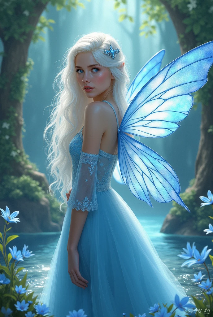 A fairy woman with water aesthetic. she has white to blue hair. She has blue eyes and wears a light blue princess dress. Her wings are white with an blue iridescent hue. Fantasy artsytle. Realistic artstyle.