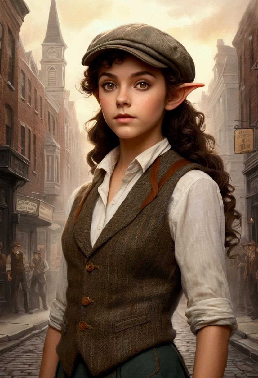 An illustrated movie poster, hand-drawn, full color, a teenage elven girl, wearing a tweed vest and a newsie cap, athletic hourglass figure, long pointy elf ears, amber eyes, dark hair, messy curls, deep sun-tanned skintone, standing on a foggy victorian-era street corner, graphite shading, stencil marks, airbrushed acrylic paint, masterpiece, in the style of the Sherlock Holmes, elf ears