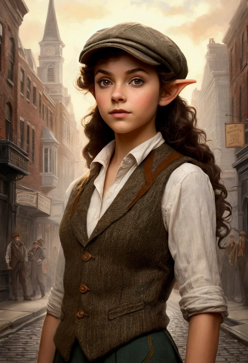 An illustrated movie poster, hand-drawn, full color, a age elven girl, wearing a tweed vest and a newsie cap, athletic hourglass figure, long pointy elf ears, amber eyes, dark hair, messy curls, deep sun-tanned skintone, standing on a foggy victorian-era street corner, graphite shading, stencil marks, airbrushed acrylic paint, masterpiece, in the style of the Sherlock Holmes, elf ears