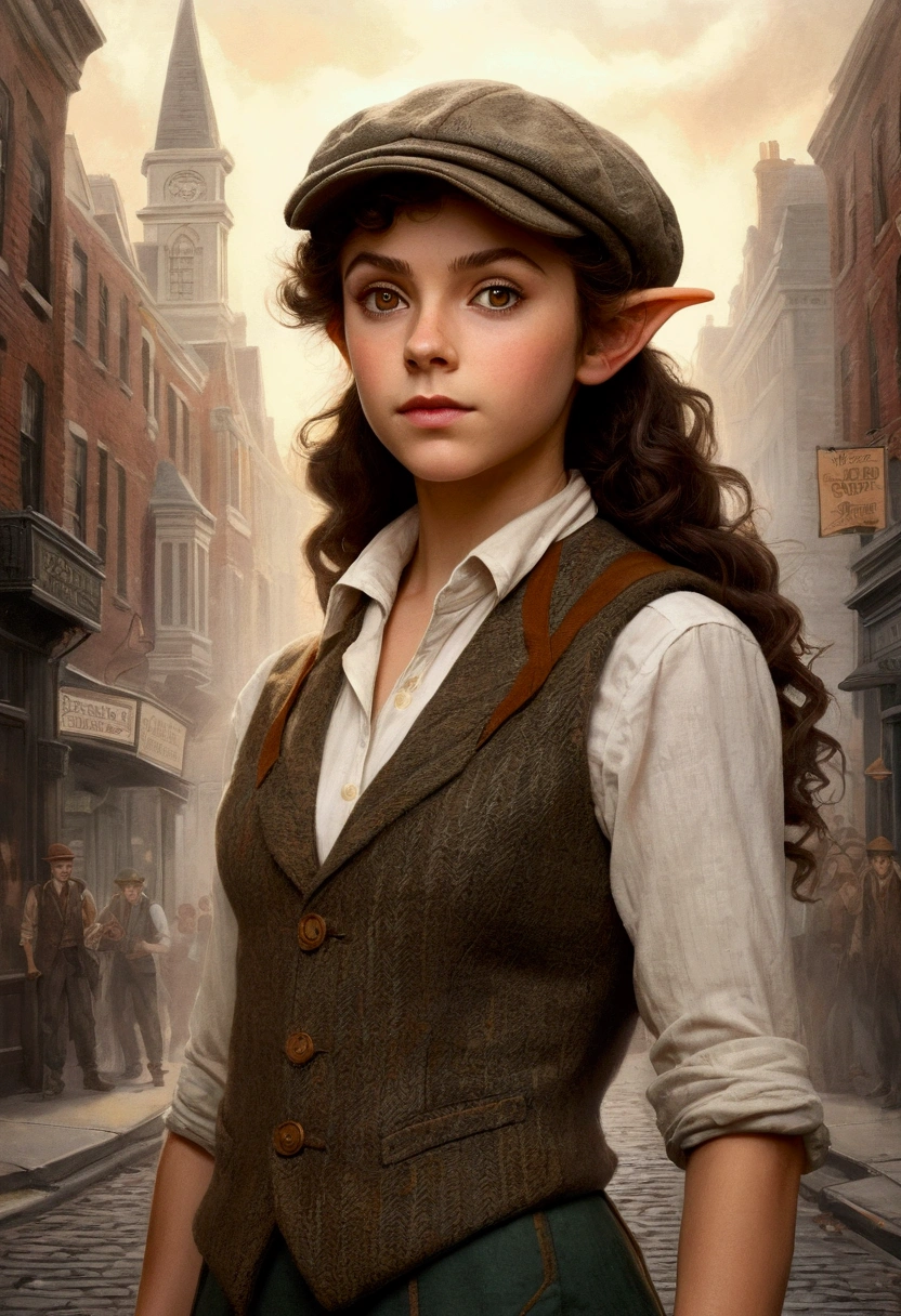 An illustrated movie poster, hand-drawn, full color, a teenage elven girl, wearing a tweed vest and a newsie cap, athletic hourglass figure, long pointy elf ears, amber eyes, dark hair, messy curls, deep sun-tanned skintone, standing on a foggy victorian-era street corner, graphite shading, stencil marks, airbrushed acrylic paint, masterpiece, in the style of the Sherlock Holmes, elf ears
