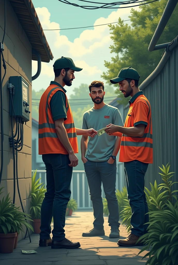 An electric meter reading operator witnessing how a user BRIBES his colleague to read a lower value to pay less, The witness should also appear watching how they give money to his partner.. So there are 3 people in the picture, The witness witnessed a few meters away how a USER gives MONEY to another OPERATOR, a fellow witness