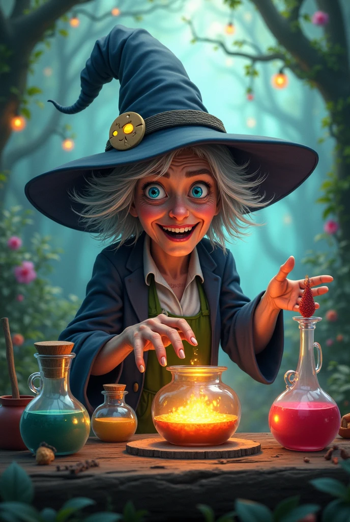 (Messy silver hair:1.1) (Heterochromia xanthochromia and blue eyes:1.2), witch hat, potions, whimsical woods, (A radiant glow:1.1), old woman, crazy face, hello kitty
