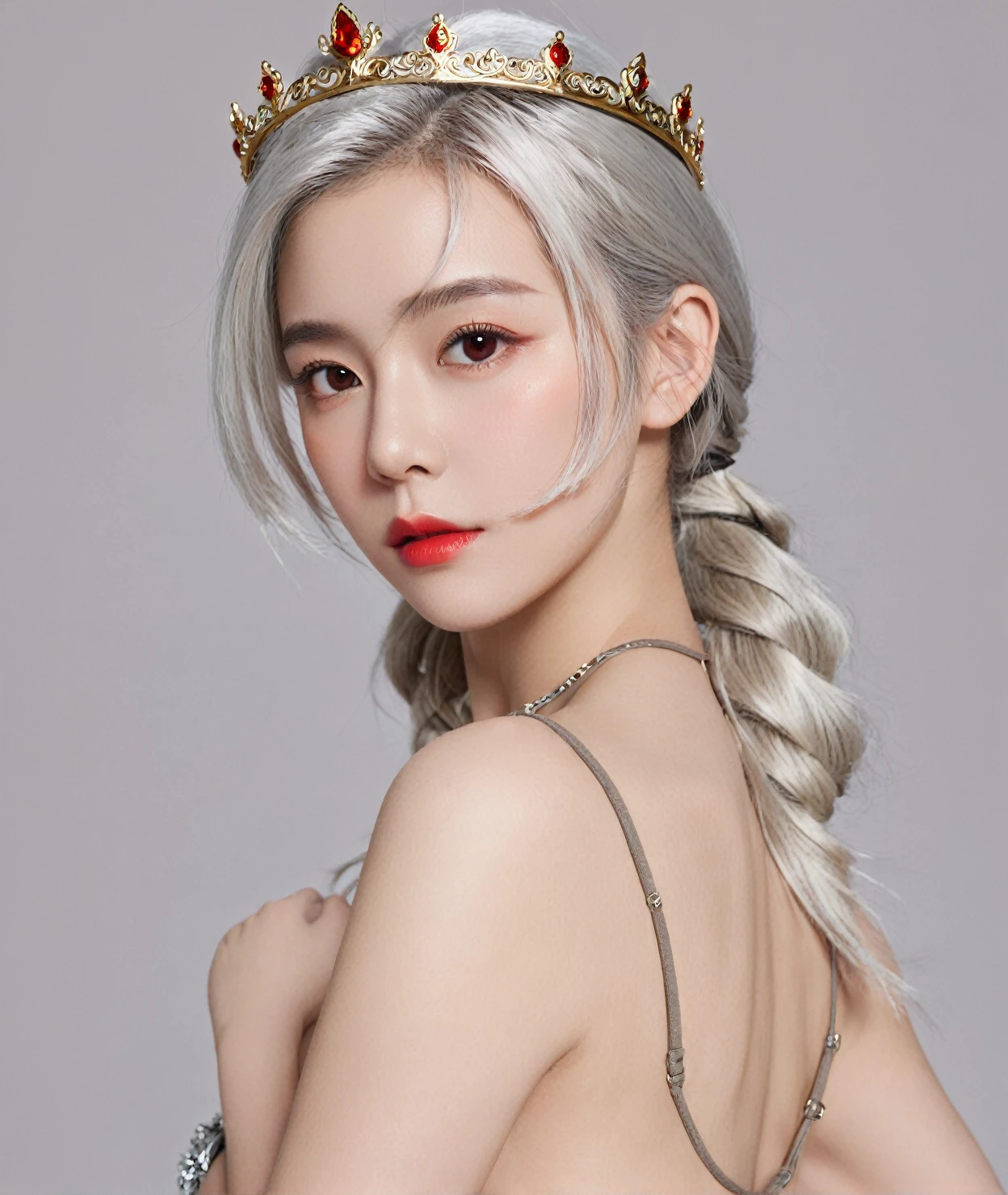 masterpiece,1girl, silver hair,brontarand,solo,looking at viewer, cowboy shot,simple background,red eyes, elf, crown, ponytail, naked, pussy, cum