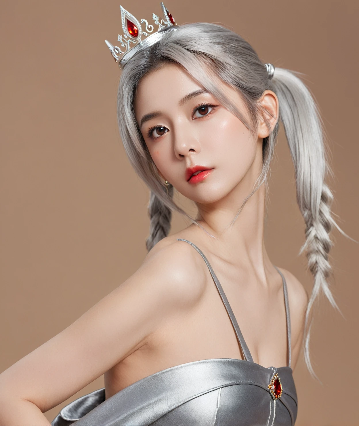 masterpiece,1girl, silver hair,brontarand,solo,looking at viewer, cowboy shot,simple background,red eyes, elf, crown, ponytail, naked, pussy, cum