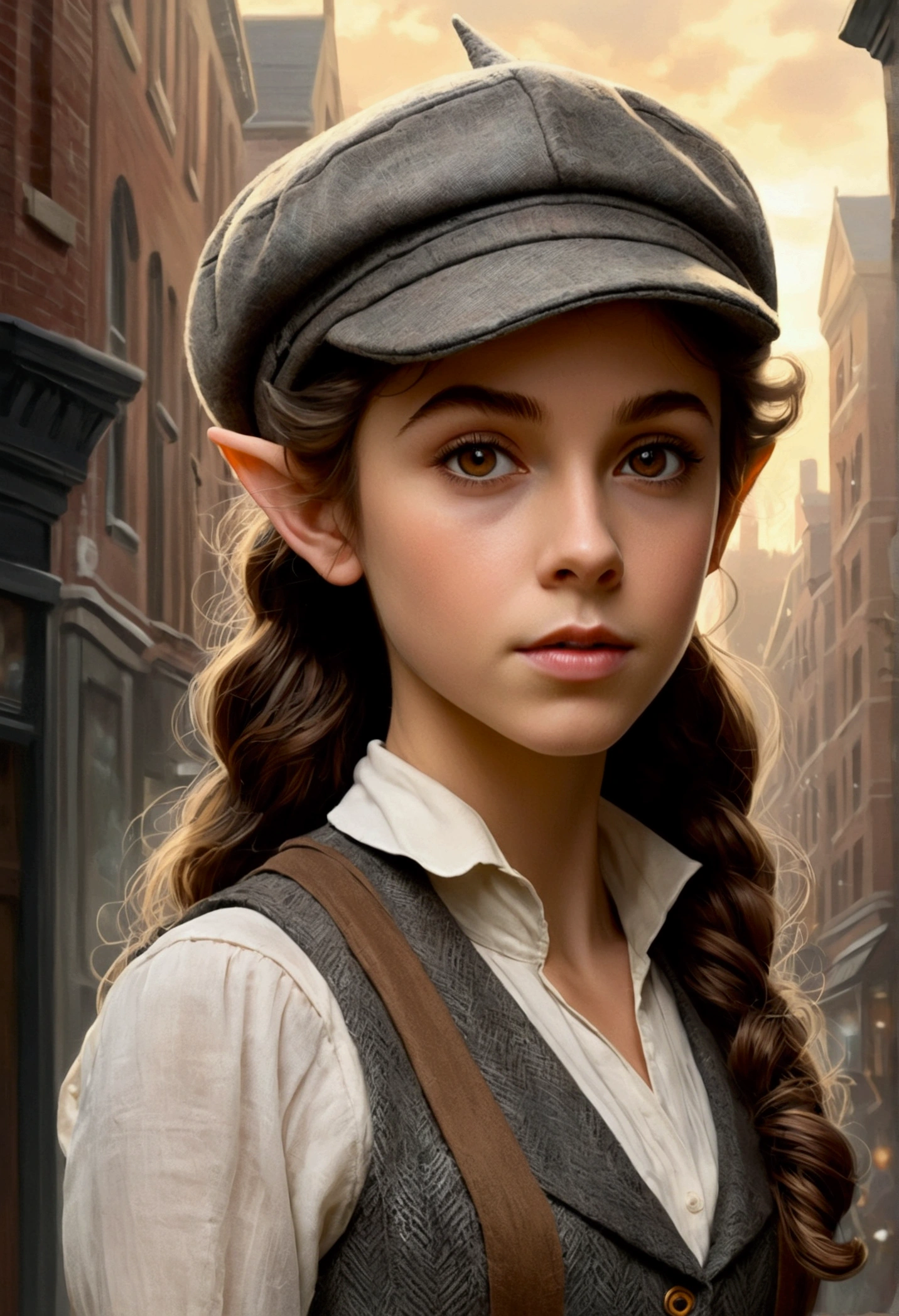 An illustrated movie poster, hand-drawn, full color, a age elven girl, wearing a tweed vest and a newsie cap, athletic hourglass figure, long pointy elf ears, amber eyes, dark hair, messy curls, deep sun-tanned skintone, standing on a foggy victorian-era street corner, graphite shading, stencil marks, airbrushed acrylic paint, masterpiece, in the style of the Sherlock Holmes, elf ears