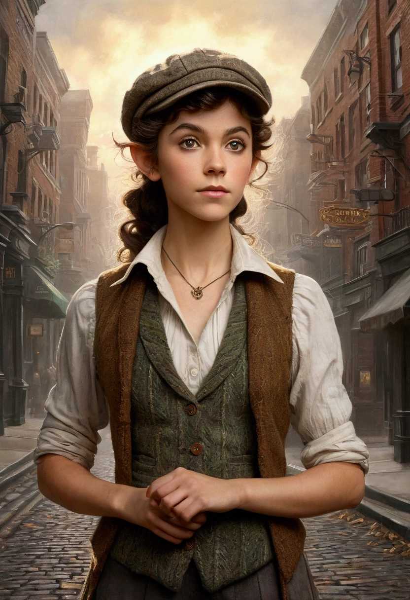 An illustrated movie poster, hand-drawn, full color, a age elven girl, wearing a tweed vest and a newsie cap, athletic hourglass figure, long pointy elf ears, amber eyes, dark hair, messy curls, deep sun-tanned skintone, standing on a foggy victorian-era street corner, graphite shading, stencil marks, airbrushed acrylic paint, masterpiece, in the style of the Sherlock Holmes, elf ears