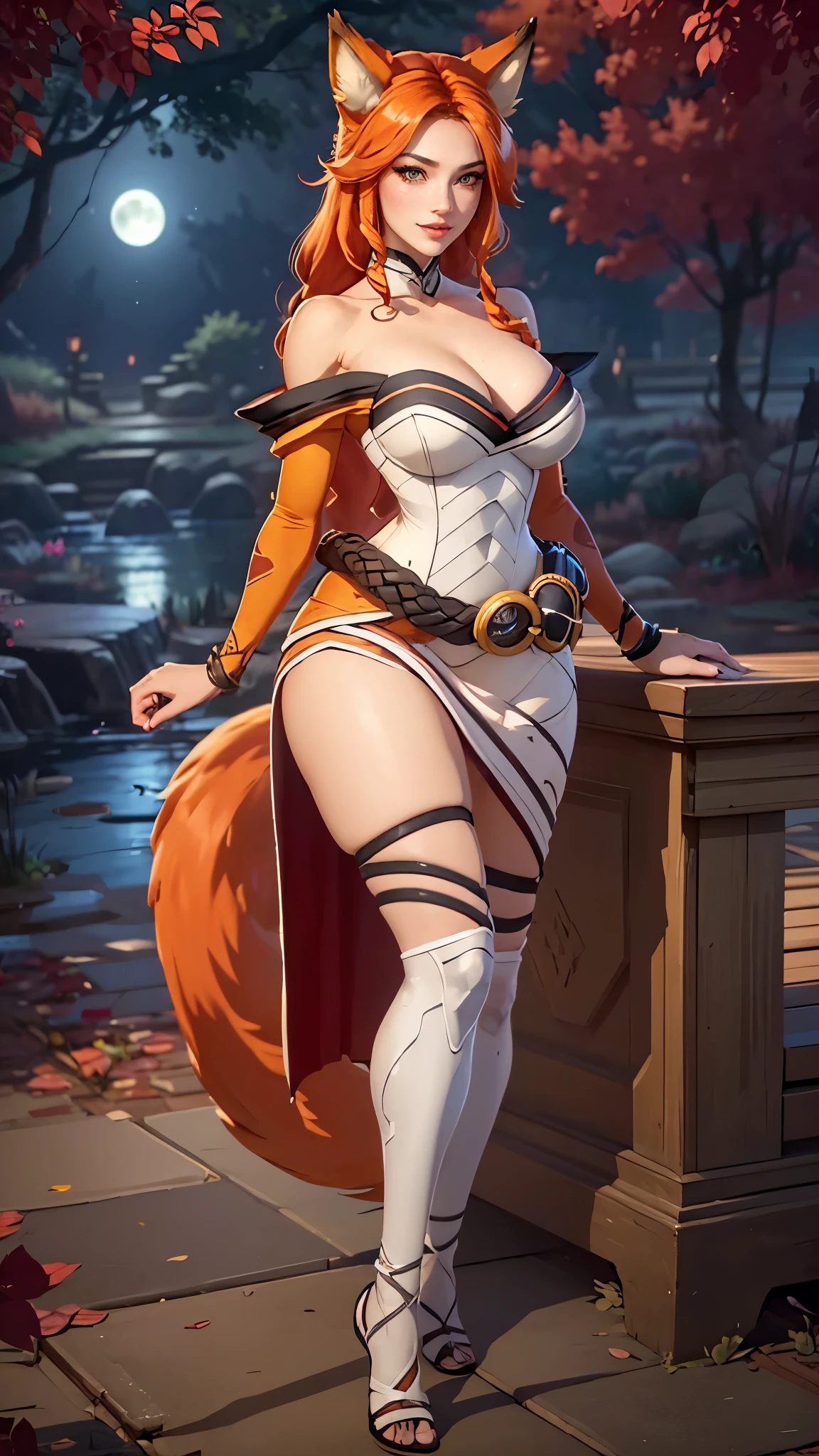 Ahri da league of legends,(best qualityer,4K,8k,high resolution, work of art:1.2)(weather: moonlight), Japanese female, spirit forest pond background, red and white long sleeve korean kimono dress, cleavage, scepter, cute makeup, thigh high boots, belt, silver and red hair, long curly hair, fox ears, multiple fox tails, ultra detailed, realistic, portrait, beautiful detailed golden eyes, freckles, beautiful detailed lips, extremely detailed eye and face, beautiful girl, long eyelashes, sexly, average, large breasts, beaming smile, sexy pose, stunning curves, bright coloured, dramatic lighting,