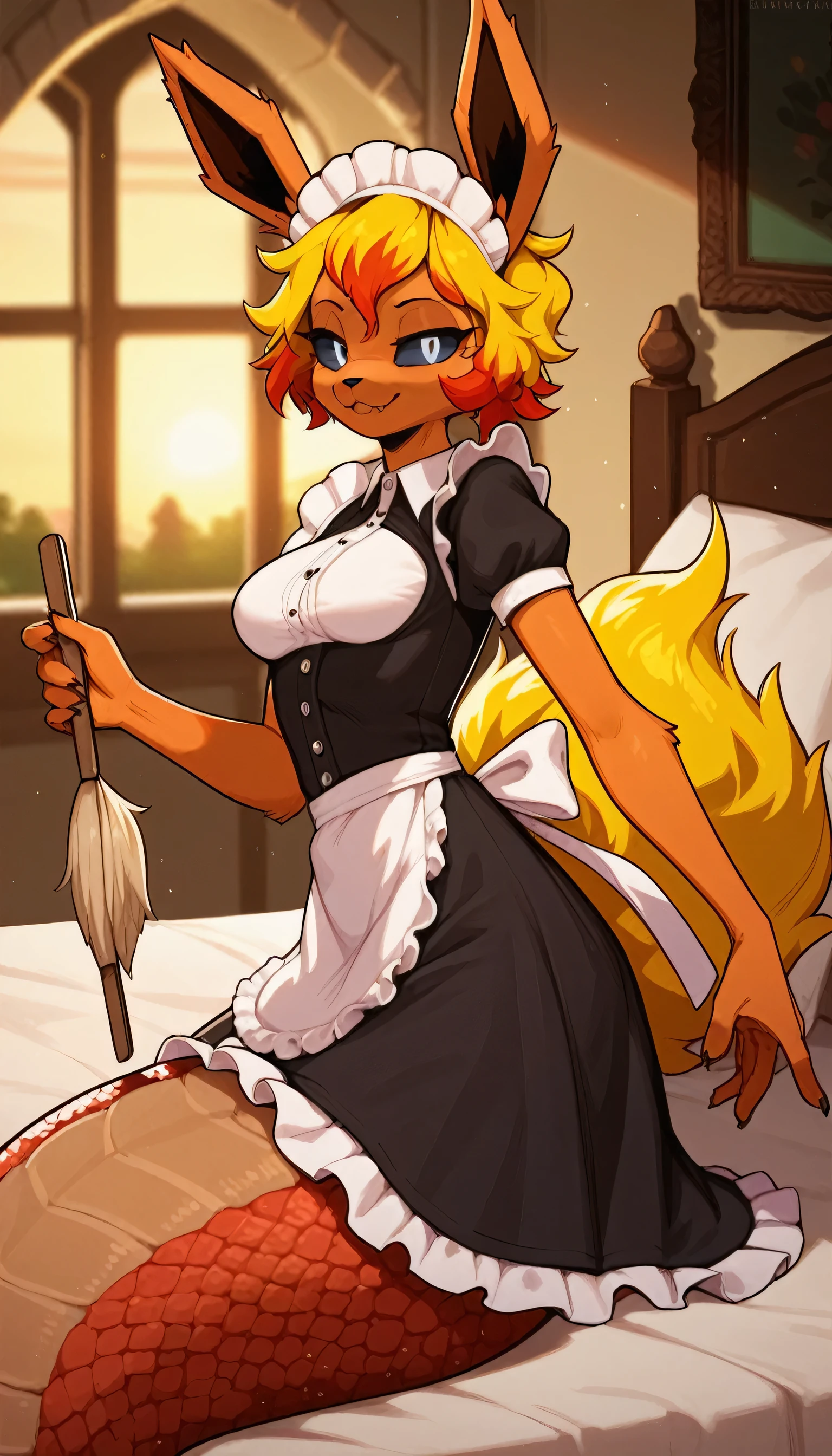 Excited expression, 1girl, anthro, furry, fur, fluffy fur, flareon girl, yellow hair (red highlights), black sclera, white eyes, short hair, Messy hair, (19 years), medium breast, thicc thighs, solo, (bedroom, mansion), sunset, detailed, smug smile, maid outfit, cleaning, score_9, score_8_up, score_7_up, score_6_up, score_5_up, score_4_up, spotted lamia