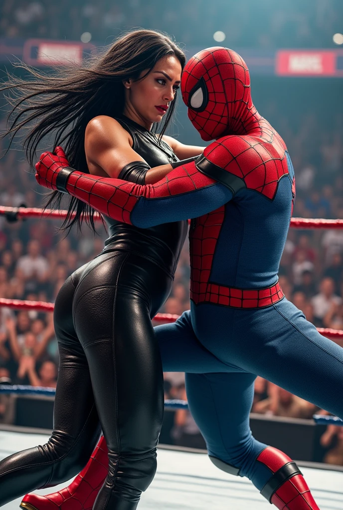 Spider man in a WWE match performing the stinkface move on Elektra natchios