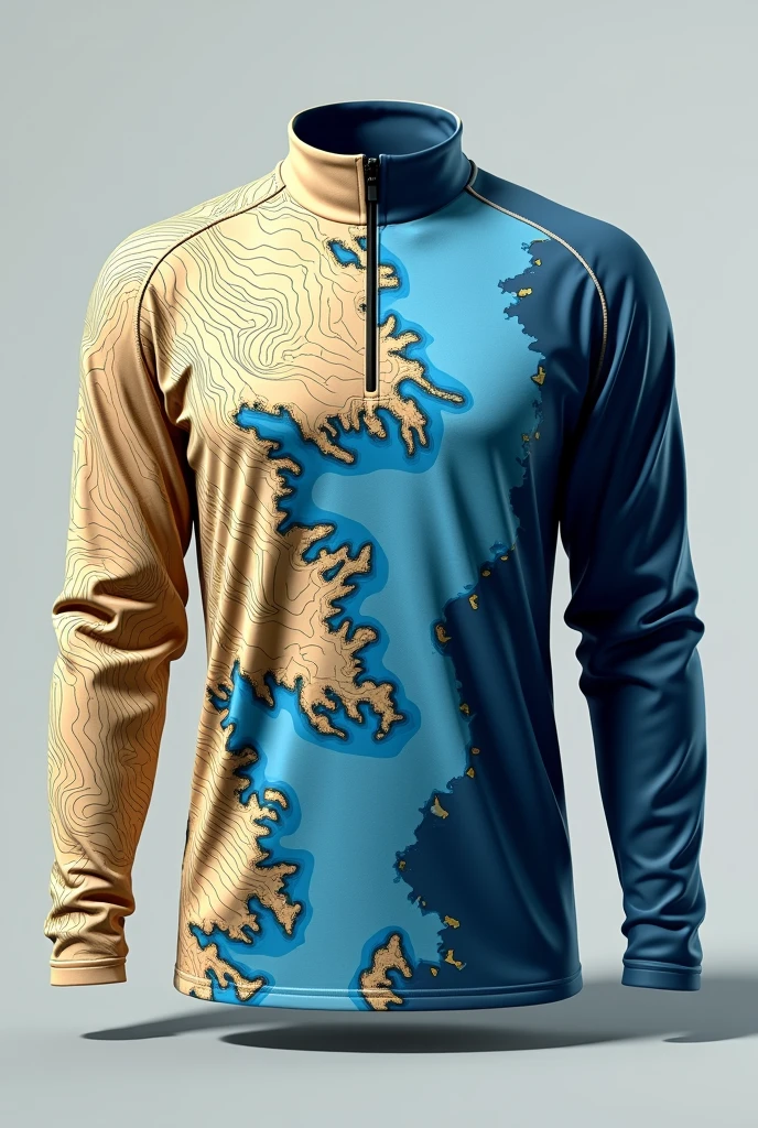 Create a high-resolution, Cinema 4D-style mockup for a fishing jersey inspired by the topographic map of Lake Guntersville, Alabama. The jersey should feature a stand-up collar with a 1/4 zipper and long sleeves. The design should incorporate three vibrant colors: beige, navy blue, and sky blue. The final render should be clean and professional, showcasing the topographic details prominently without any sponsor logos.