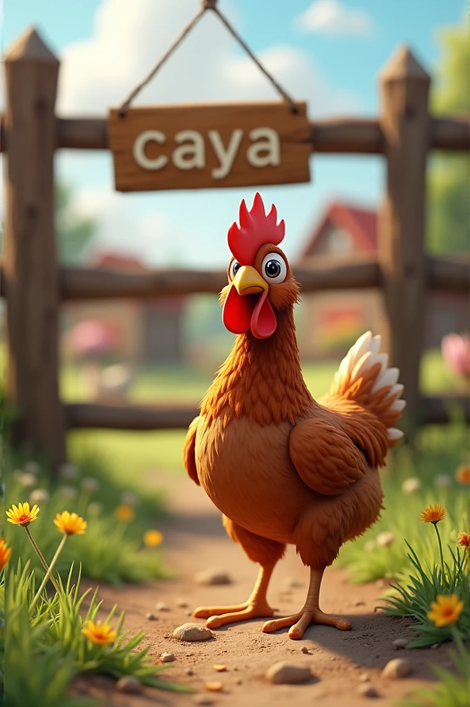 Create a playful picture of a chicken on a farm in front of a fence, where a sign with the inscription "Caya" hangs