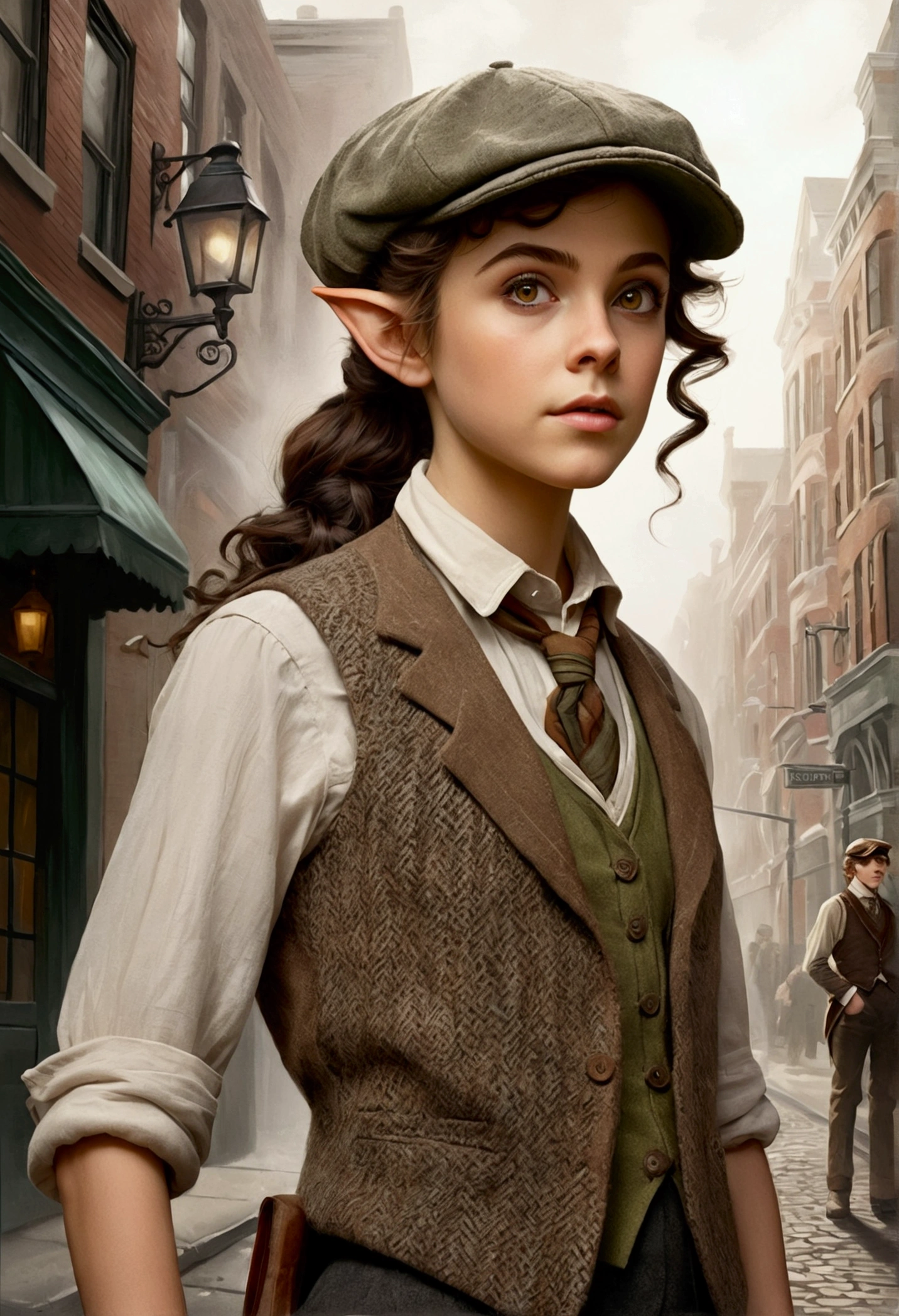 An illustrated movie poster, hand-drawn, full color, a teenage elven girl, wearing a tweed vest and a newsie cap, athletic hourglass figure, long pointy elf ears, amber eyes, dark hair, messy curls, deep sun-tanned skintone, standing on a foggy victorian-era street corner, graphite shading, stencil marks, airbrushed acrylic paint, masterpiece, in the style of the Sherlock Holmes, elf ears