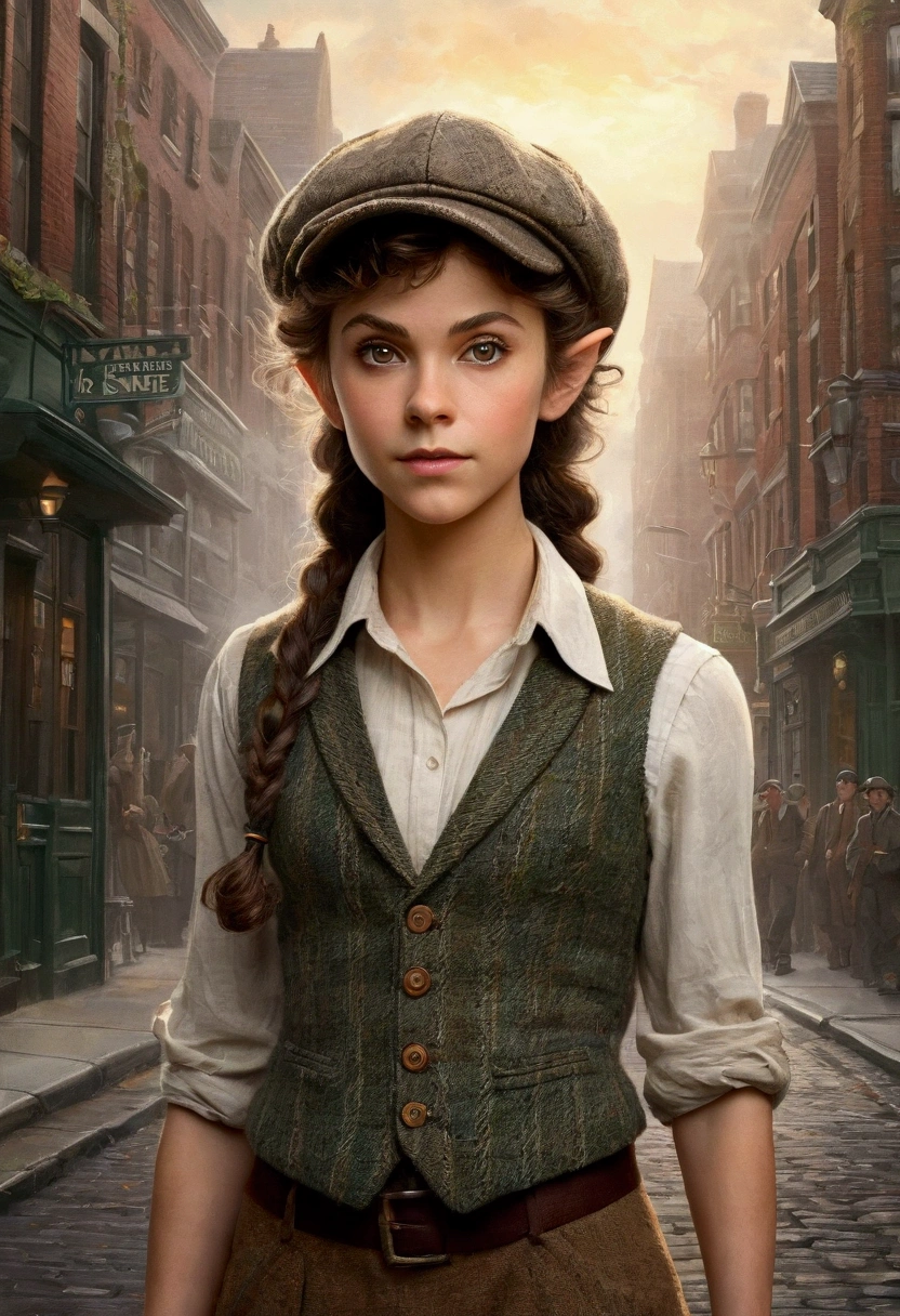 An illustrated movie poster, hand-drawn, full color, a teenage elven girl, wearing a tweed vest and a newsie cap, athletic hourglass figure, long pointy elf ears, amber eyes, dark hair, messy curls, deep sun-tanned skintone, standing on a foggy victorian-era street corner, graphite shading, stencil marks, airbrushed acrylic paint, masterpiece, in the style of the Sherlock Holmes, elf ears