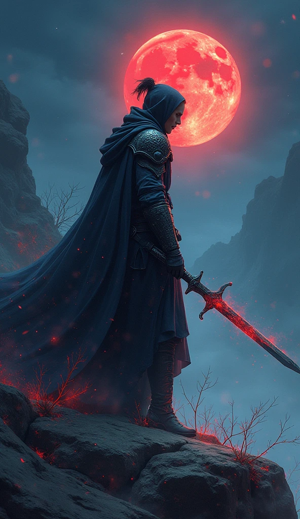 Amadullah,sword,Scenery at night,red moon,traces of light and shadow,Amadulla Fantasia