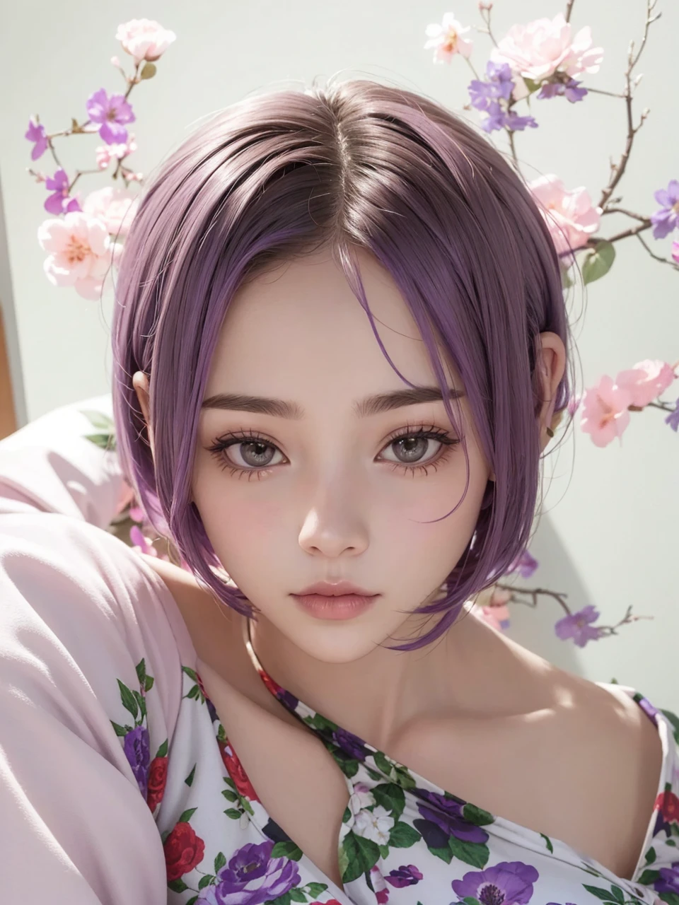 Woman with short wolf cut and purple hair Beautiful woman Floral pajamas 2.5D