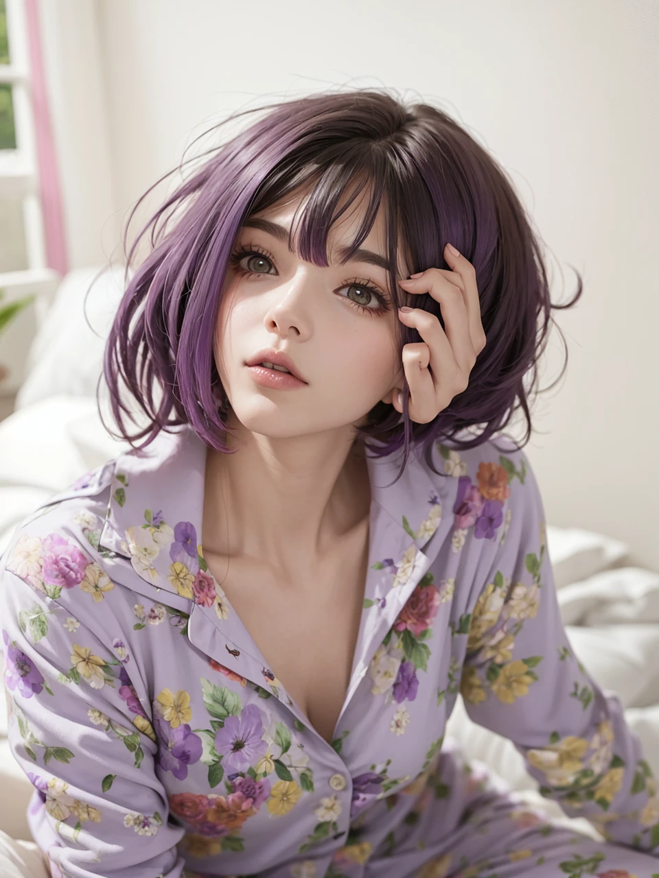 Woman with short wolf cut and purple hair Beautiful woman Floral pajamas 2.5D