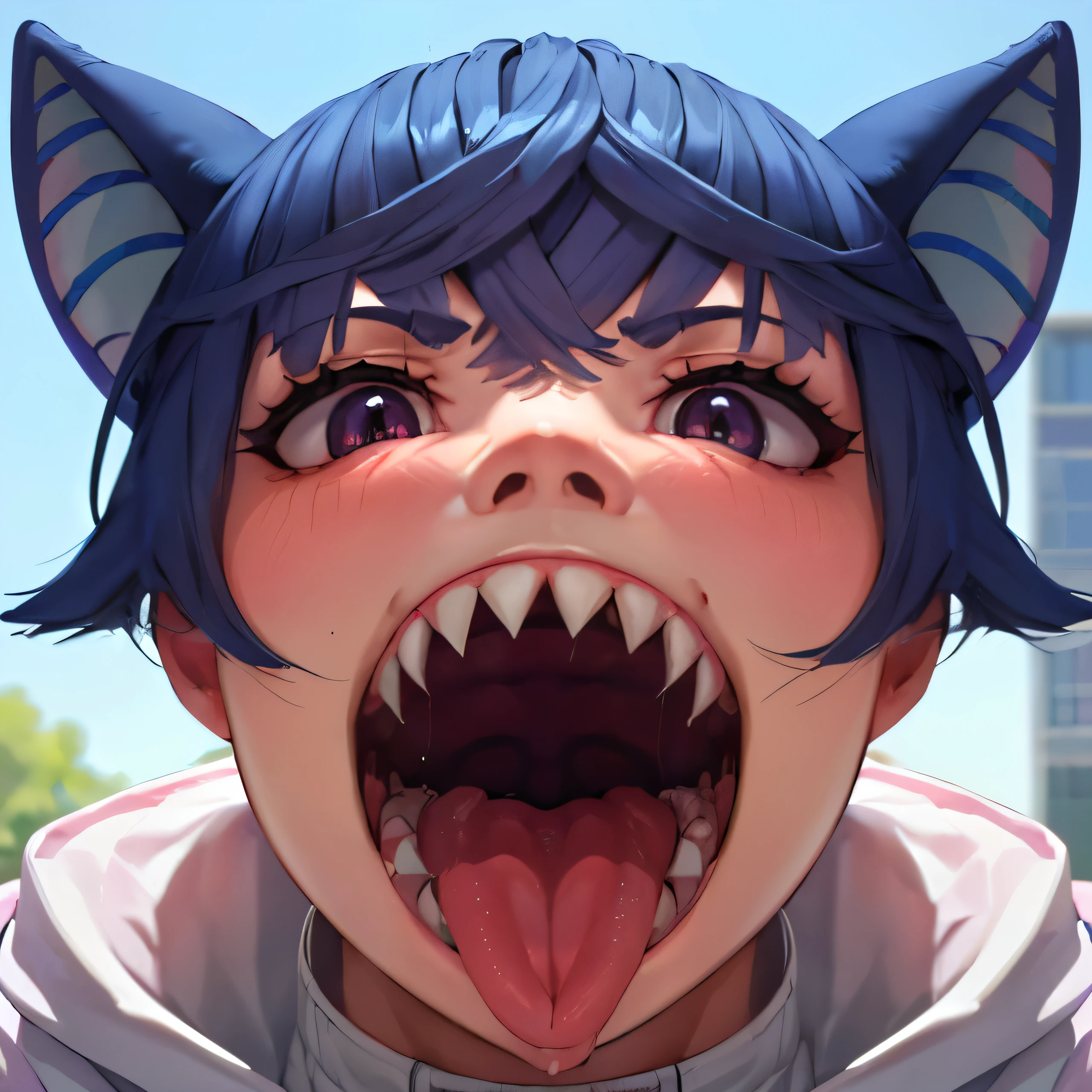 (best quality, 8k, 32k, masterpiece, UHD:1.2), highres, sharp focus, detailed outfit, beautiful detailed teeth, delicate details, cartoon wolf girl with her mouth open and teeth showing , 1girl, solo, black hair, (round tip sharp teeth), pov, no background, face close up, looking at viewer, ((head up)), not wearing headgear, vore, smile, (red gum), (big teeth), (back teeth),(upper back teeth), (saliva)