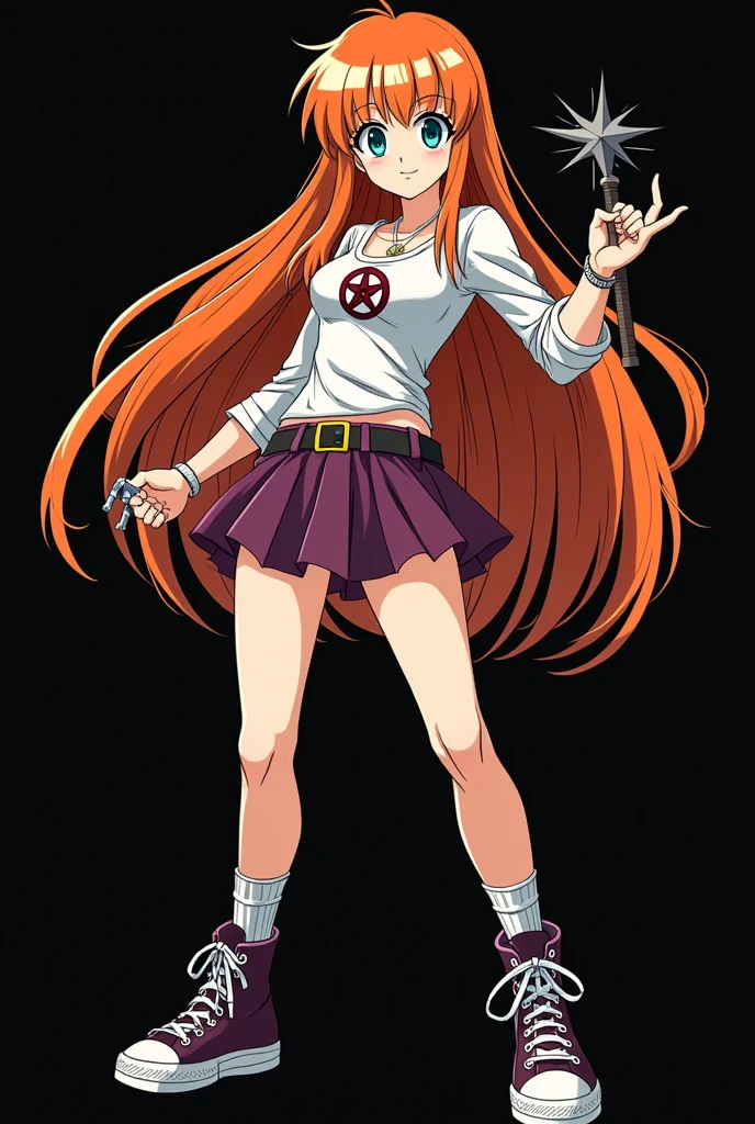 A full body image of a , personagem do anime "Dragon Ball", she is very beautiful, with long, straight, fire-colored hair with two white streaks highlighted in the front, framing your face. She has blue-green eyes and pale skin.. she is a Wiccan, she is in fighting pose. she wears a pentagram necklace, croped, glued skirt, beautiful women&#39;s high-top shoes and ¾-long socks, she holds a nail hammer and small nails. It is drawn with Akira Toryama&#39;s animation. black backdrop.