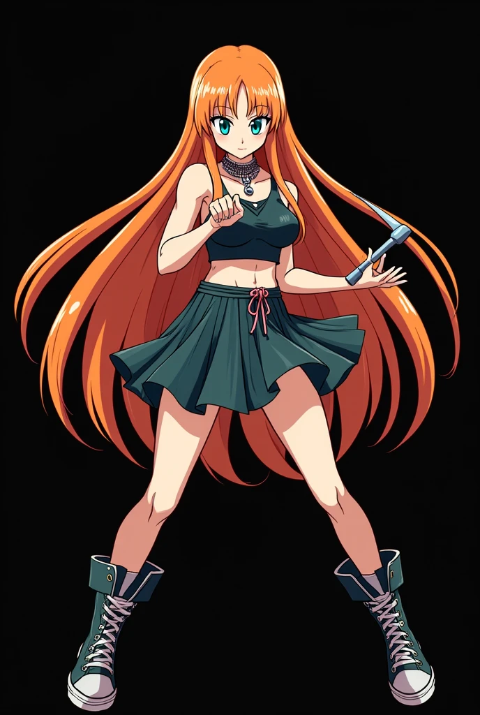 A full body image of a , personagem do anime "Dragon Ball", she is very beautiful, with long, straight, fire-colored hair with two white streaks highlighted in the front, framing your face. She has blue-green eyes and pale skin.. she is a Wiccan, she is in fighting pose. she wears a pentagram necklace, croped, glued skirt, beautiful women's high-top shoes and ¾-long socks, she holds a nail hammer and small nails. It is drawn with Akira Toryama's animation. black backdrop.