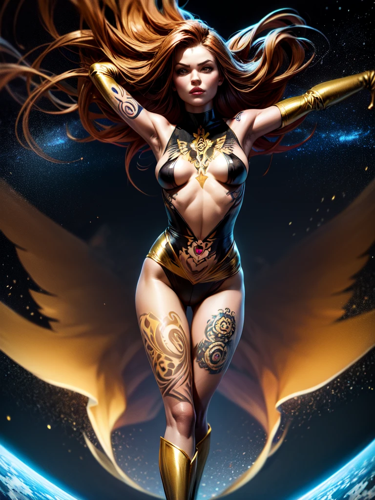 1girl, solo, Jean Grey of X-men, high leg unitard of black and gold, boob window in unitard, ((small bust)), ((thighs showing)), ((calf-high boots)), (color mandala tattoos on thighs:1.37), wings, floating in space, arms out in power pose, contrapposto stance, dramatically colorful cosmic background, moody lighting, 16k, best quality, masterpiece, (wide angle:1.27), full length portrait