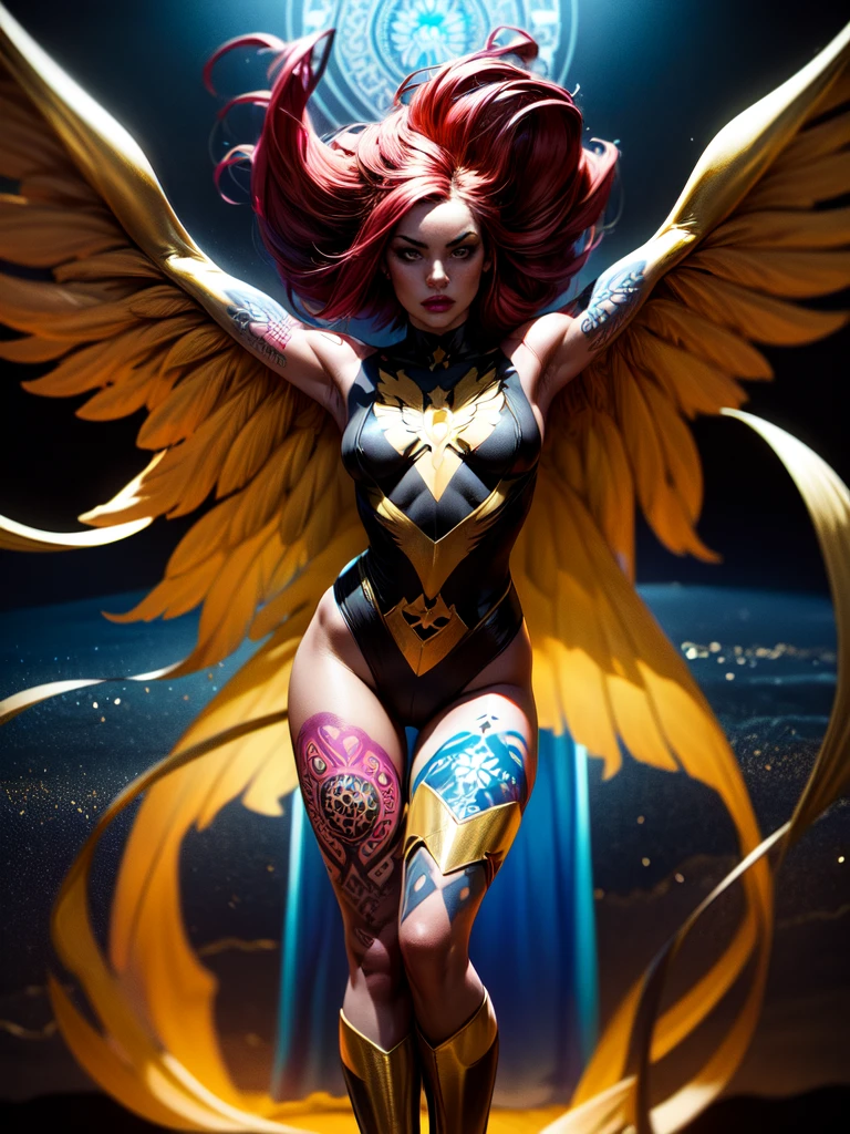 1girl, solo, Jean Grey of X-men, high leg unitard of black and gold, boob window in unitard, ((small bust)), ((thighs showing)), ((calf-high boots)), (color mandala tattoos on thighs:1.37), wings, floating in space, arms out in power pose, contrapposto stance, dramatically colorful cosmic background, moody lighting, 16k, best quality, masterpiece, (wide angle:1.27), full length portrait