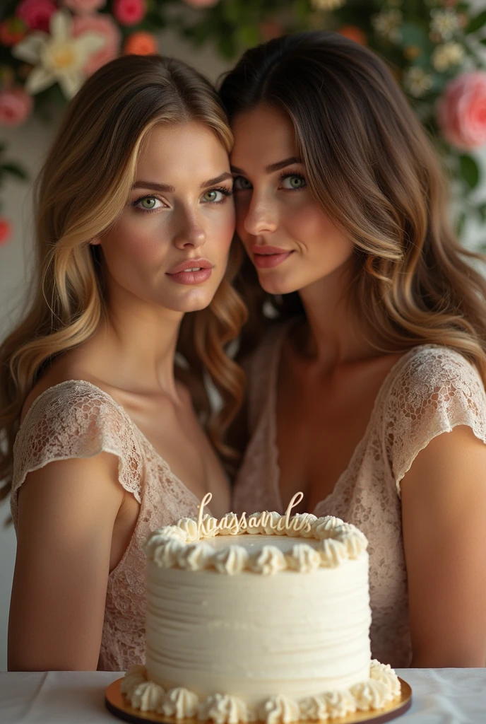 20 year old blonde girl with blue eyes resembling Blair Waldorf from gossip girl dressed as Blair Waldorf hugging a 40 year old adult woman in the style of Kelly Rutherford but with brown hair and green eyes as mother and daughter with lots of flower arrangements and designer bags on the sides along with a cake in the middle that says Kassandra realistically