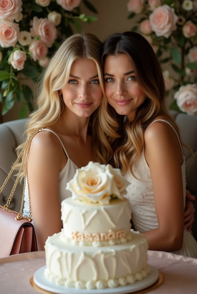 20 year old blonde girl with blue eyes resembling Blair Waldorf from gossip girl dressed as Blair Waldorf hugging a 40 year old adult woman in the style of Kelly Rutherford but with brown hair and green eyes as mother and daughter with lots of flower arrangements and designer bags on the sides along with a cake in the middle that says Kassandra realistically
