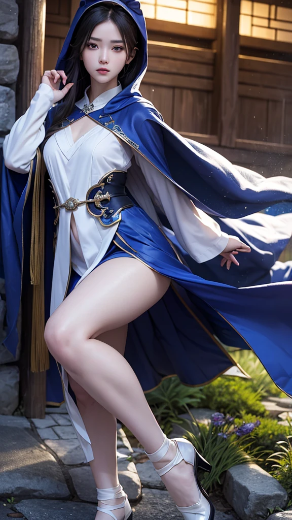 climbing a temple wall South korea women mystery hooded on with modern royal Blue coat with long and wide sleeves with buttons and royal Blue cape and very high white heel over the knee and white gloves, As she reveals a small secret hidden blade coming from his palm , adding to the character's mysterious and agile appearance, with small movements of air on the cape,, in summer at night under the rain,medieval south korea house. sophisticated and highly detailed, ultra hd, realistic, hyper detailed, enhanced colours, ultra sharp focus, with vibrant, rich in details High quality, gorgeous, captivating, 8k, super detailed, stunning shadows, detailed lines, just after to make a murder