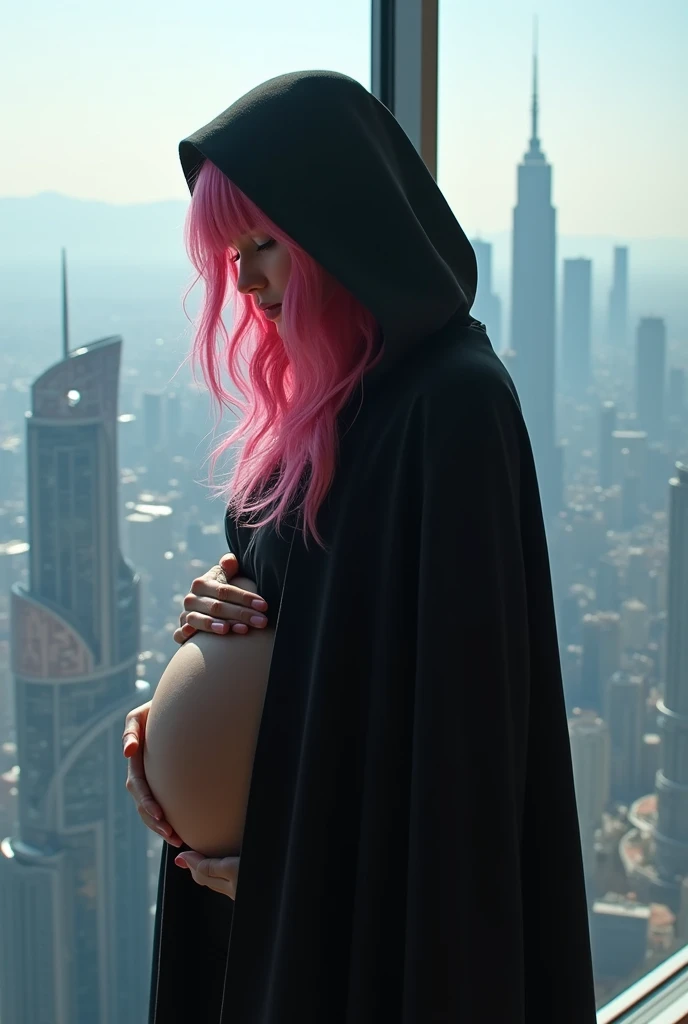 Black Hood a young girl with pink hair is already grown up and pregnant and lives in a mega apartment 