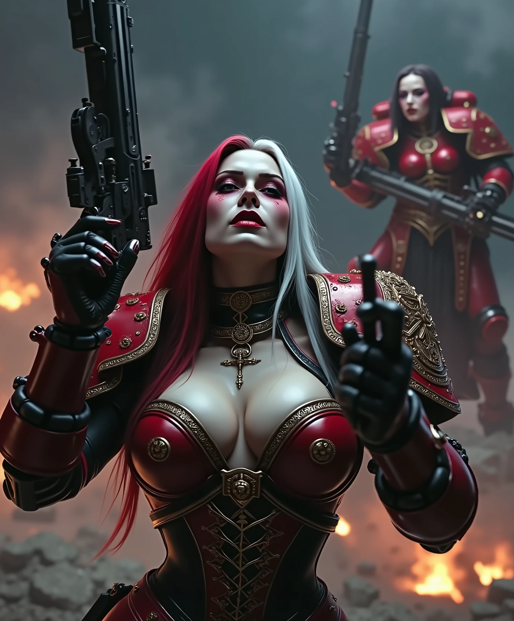 Full body pose sexy sisters of battle from the warhammer 40k, shooting at the enemy, red space marine armor with intricate details, religous symbols on the armor, sisters of battle, warhammer 40k, Massive silicone breast, pale skin, seductive, temptation, eat your soul, clevage, long white flowing hair with red highlights, long black flowing hair with purple highlights, heavy gothic makeup, at night, neon, beautiful detailed eyes, beautiful detailed lips, extremely detailed eyes and face, long eyelashes, highly detailed armor, intricate futuristic weaponry, dramatic lighting, cinematic composition, muted color palette, gritty and realistic, mecha, science fiction, hyper-detailed, photorealistic, award winning digital art, 8k, HDR, masters work, in the middle of a battle field, full body combat action pose, explosions and fire around, full war, stunning, Stilleto heels, high heels, full body pose, cinematic, movie trailer, final stand!, nemesis, ready to strike, dust and debree, combat screams, attacking, shooting at the enemy, running forward, last line of defense, charging, fanatic, religious, templar knights, sisters of battle, warhammer 40k
