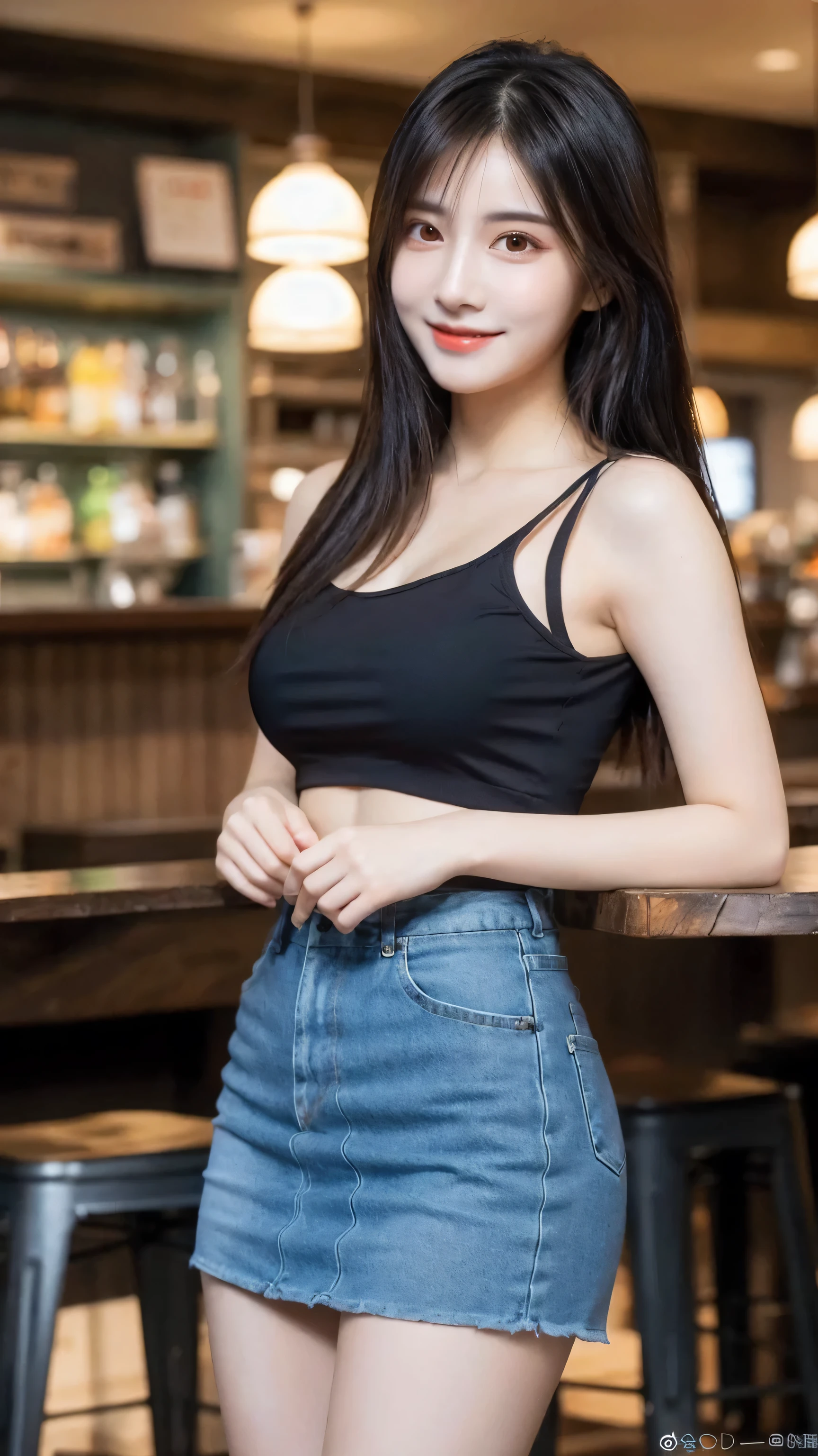 (8k, RAW Photo, Best Quality, Masterpiece:1.2), table top, Ultra Detail, Super Resolution, (Realistic, Realistic Photo:1.37), Portrait, High Detail RAW Color Photo, Professional Photo, Extremely Detailed and Beautiful, Extremely detailed, 8k wallpaper, amazing and detailed, huge file size, official art, highly detailed CG unity 8k wallpaper, highly detailed beautiful girl, highly detailed face, highly detailed eyes, highly detailed skin, highly detailed fingers, highly detailed nose, very detailed detailed mouth , perfect anatomy, highly detailed background, highly detailed clothes, 1girl, ,cute girl, realistic body, fair skin, glowing skin , slim body, handsome body, black hair , Semilong hair, (blunt bangs:1.2), smile, cute, youthful, cute face, realistic face, delicate eyes, drooping eyes, looking at viewer, standing posture, Contraposto, dynamic lighting, (medium breasts), (Perfect Body Proportions), (slender Body Proportions), (tank top), (mini skirt), (Inside the pub),