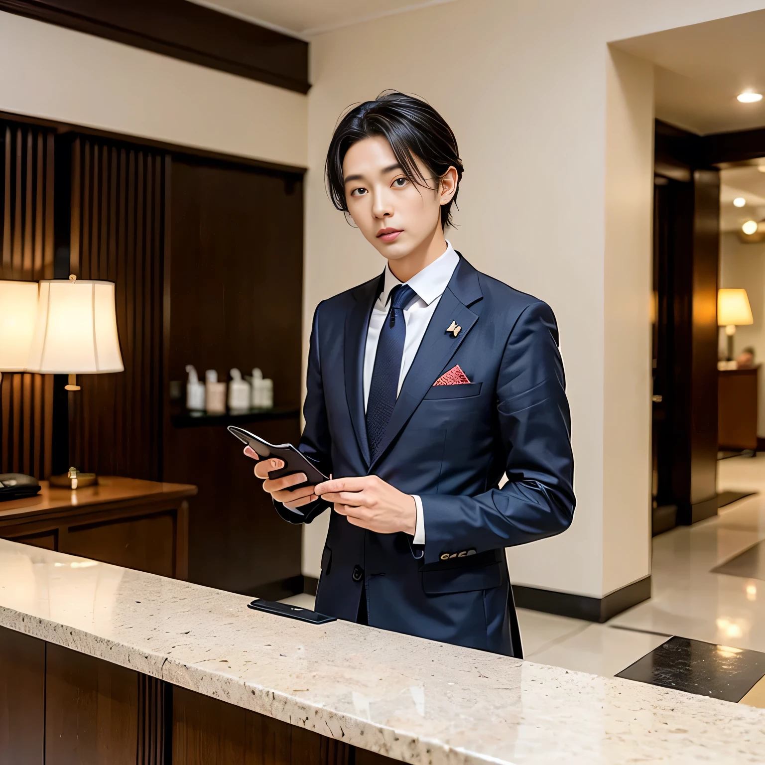 ((masterpiece:1.5))、１male、((Short black haired Japanese male:1.7))、((Smiling male:1.5))、((Dark blue suit:1.5))、((A male is standing with his hands in his pockets:1.5))、((Cowboy Shot:1.4))、((Side shot:1.5))、((hotel lobby:1.4))、Make a call on your smartphone:1.7、