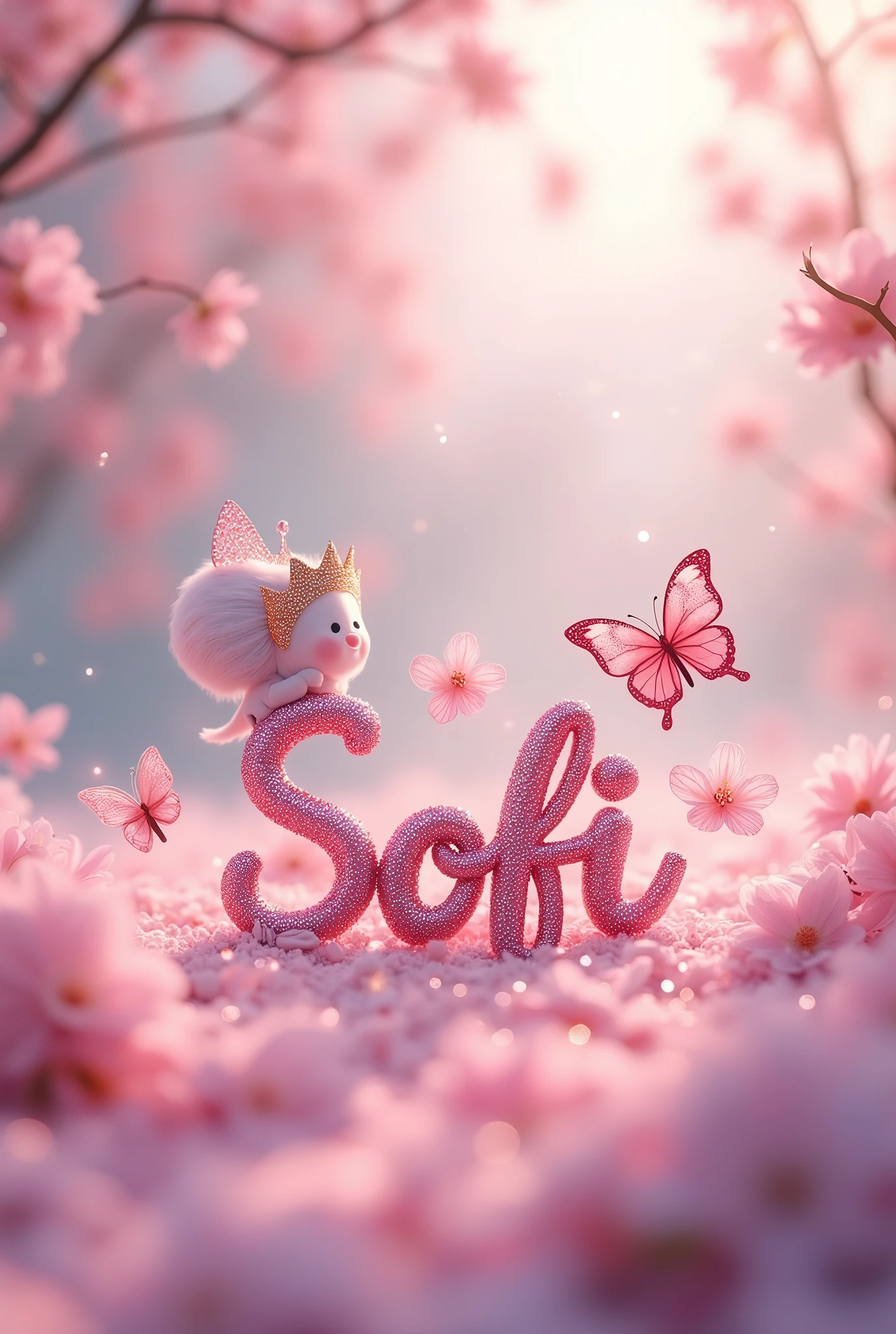 "Create a whimsical and dreamy scene in 8K resolution. The focal point should be a name written in elegant, sparkling cursive letters, similar to 'Sofi'. Surround the name with delicate pink and purple butterflies fluttering gently. Place a small, cute, abstract character behind the name, wearing a sparkling crown, adding a sense of royalty and charm. The background should be filled with soft, blooming cherry blossoms, creating a magical atmosphere with a pastel color palette. The overall mood should be serene, ethereal, and filled with gentle light reflections, ensuring high detail and quality in the textures and lighting. The scene should have a soft focus effect, enhancing the dreamy and magical feel."
