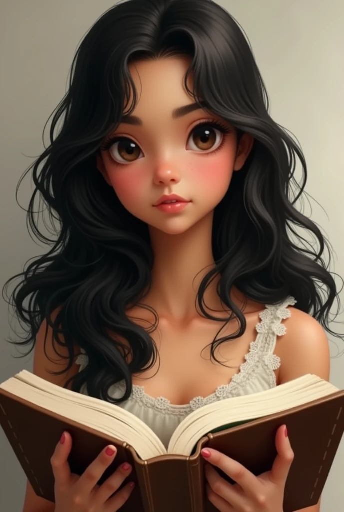 Generate images of my character with the main features, long, wavy black hair, brunette skin, Round face, dark brown eyes, and holding a book
