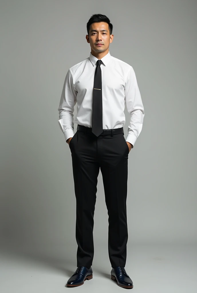 tall mestizo man with short hair dressed in black pants, white shirt and black tie, wearing navy blue derby shoes with white soles
