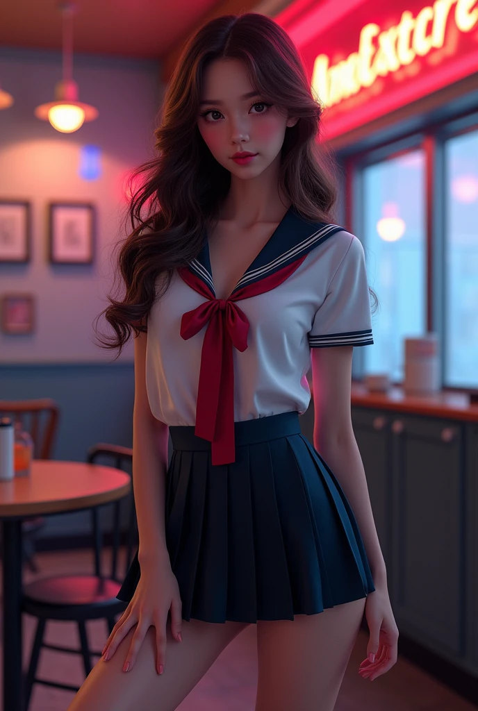 prominent nipples,ultra realistic 8k cg, picture-perfect face, flawless, clean, masterpiece, professional artwork, famous artwork, perfect face, beautiful face, beautiful eyes, ((perfect female body)), solo,(immersive atmosphere, chiaroscuro:1.5,bright light:1.2,luminous lighting) ,,(blush:0.5),seductive expression,extremely detailed_eyes,thick thighs,large breasts, beautifully detailed background,depth of field,realistic:1.3, long shot,1girl,shirt,pleated skirt, school uniform, sitting, full body, (ambient light:1.3),(cinematic composition:1.3),(neon lights:0.1),(HDR:0.1),Accent Lighting, white pantyhose,