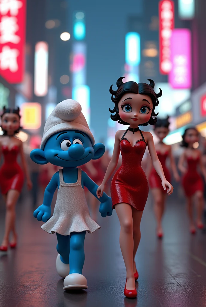 smurfette walking along side with Betty boop as supermodels walking around in the streets and cartoon