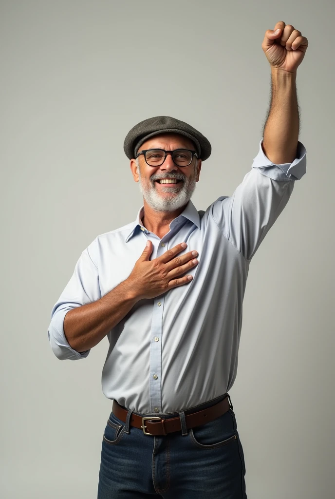 A 50-year-old man in a dress shirt, glasses and a beret, smiling broadly with one hand on his heart and the other raised in a sign of victory