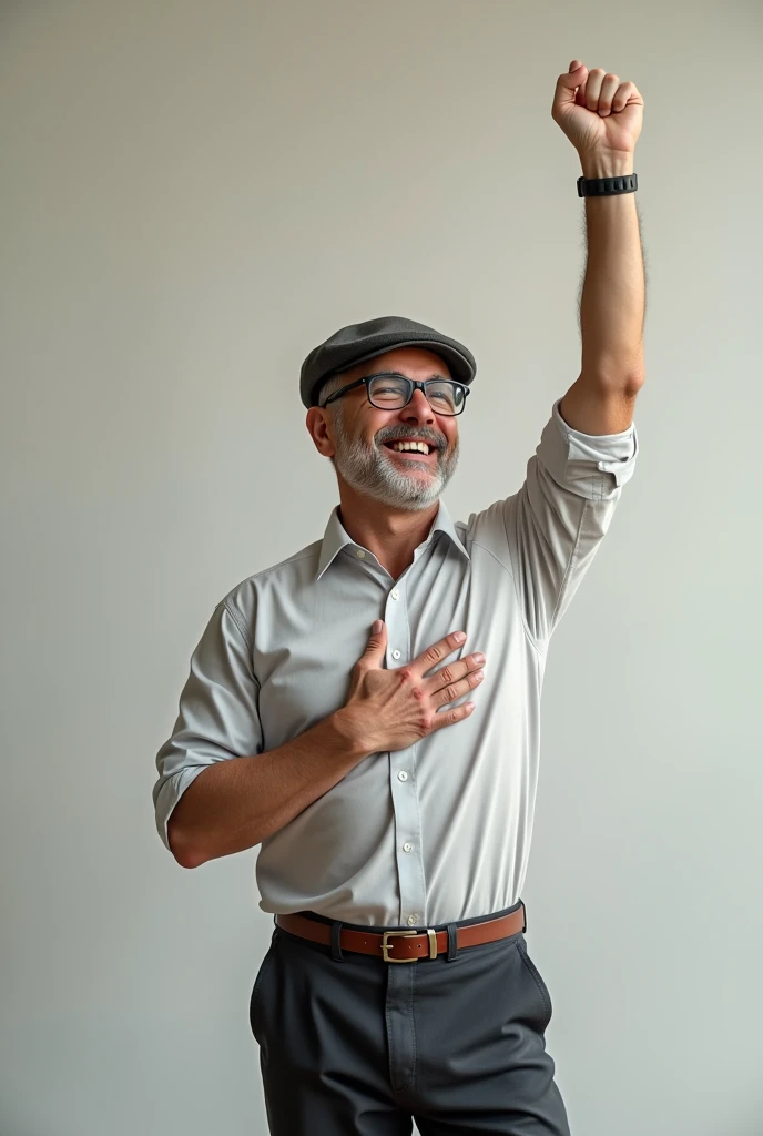 A 50-year-old man in a dress shirt, glasses and a beret, smiling broadly with one hand on his heart and the other raised in a sign of victory
