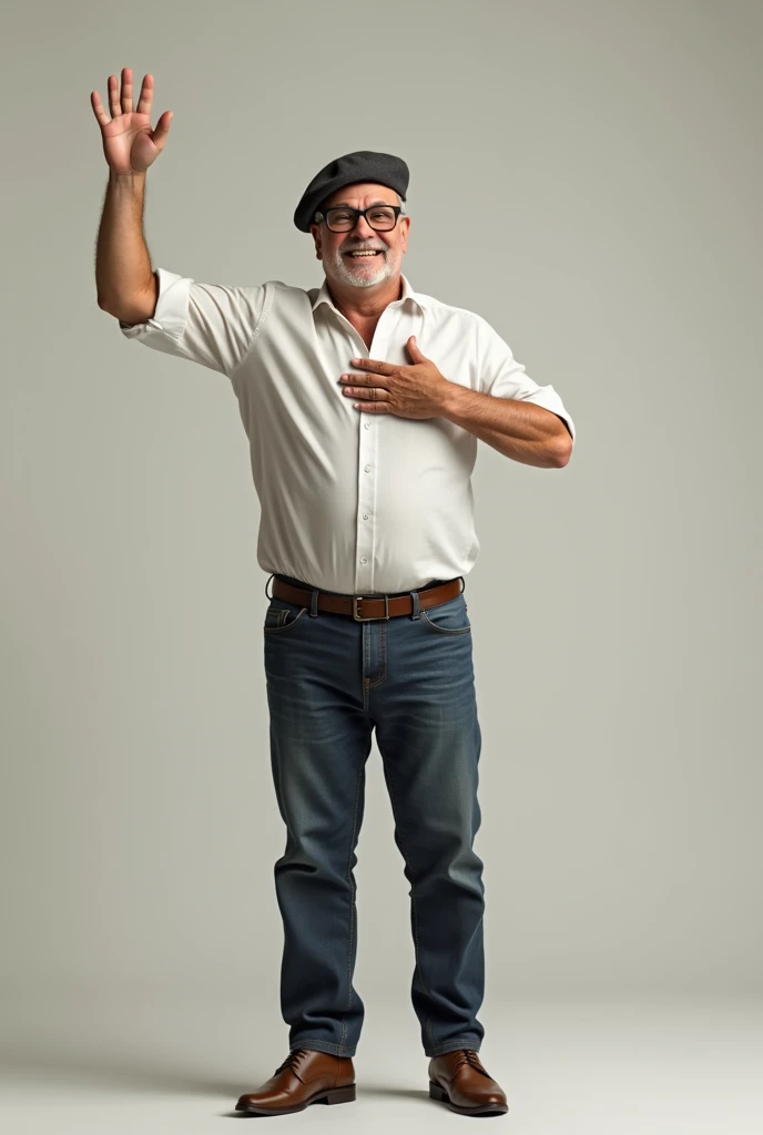 A 50-year-old man in a dress shirt, glasses and a beret, smiling broadly with one hand on his heart and the other raised in a sign of victory