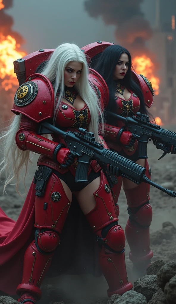 Full body pose sexy sisters of battle from the warhammer 40k, shooting at the enemy, red space marine armor with intricate details, religous symbols on the armor, sisters of battle, warhammer 40k, Massive silicone breast, pale skin, seductive, temptation, eat your soul, clevage, long white flowing hair with red highlights, long black flowing hair with purple highlights, heavy gothic makeup, at night, neon, beautiful detailed eyes, beautiful detailed lips, extremely detailed eyes and face, long eyelashes, highly detailed armor, intricate futuristic weaponry, dramatic lighting, cinematic composition, muted color palette, gritty and realistic, mecha, science fiction, hyper-detailed, photorealistic, award winning digital art, 8k, HDR, masters work, in the middle of a battle field, full body combat action pose, explosions and fire around, full war, stunning, Stilleto heels, high heels, full body pose, cinematic, movie trailer, final stand!, nemesis, ready to strike, dust and debree, combat screams, attacking, shooting at the enemy, running forward, last line of defense, charging, fanatic, religious, templar knights, sisters of battle, warhammer 40k