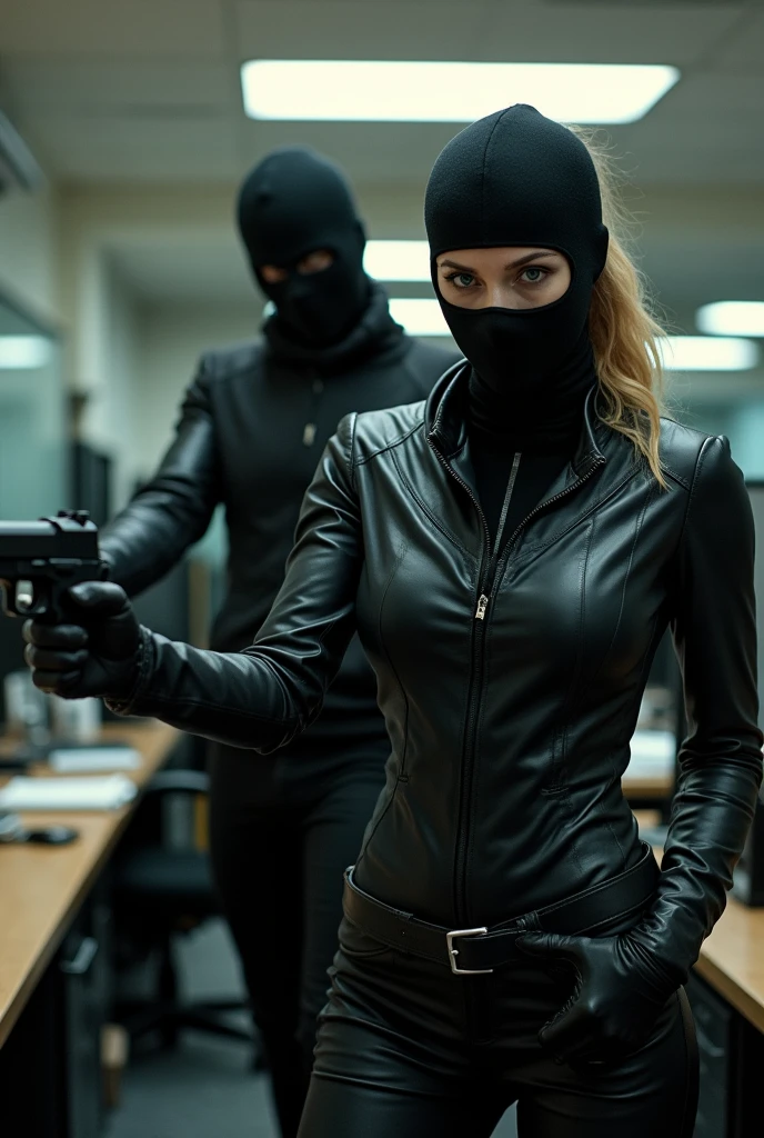 scarlett johanss and natalie portman wearing a tight leather outfit wearing two balaclavas and leather gloves and a gun picking up valuables from people's hostages in a work office