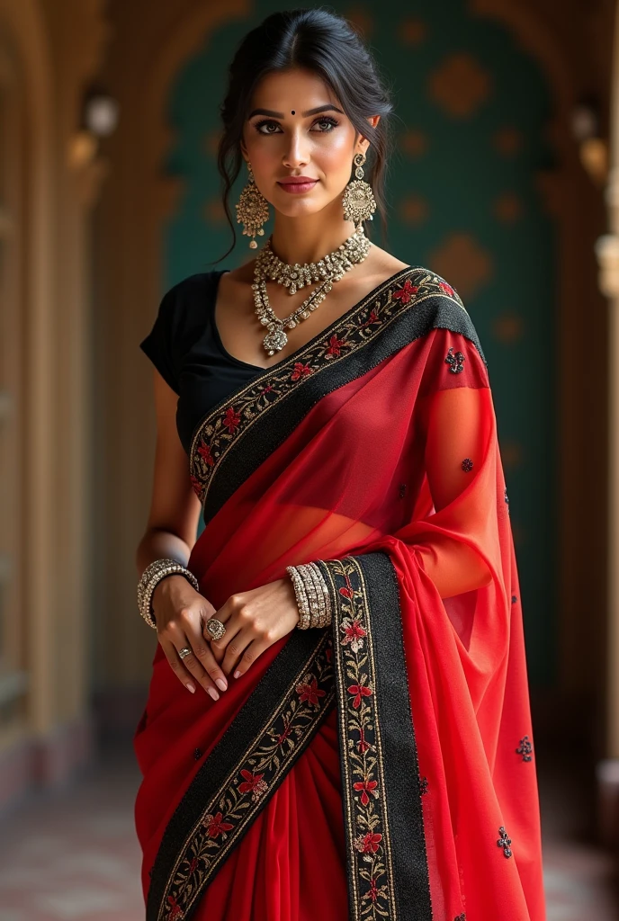 Red and black saree Indian beautiful women