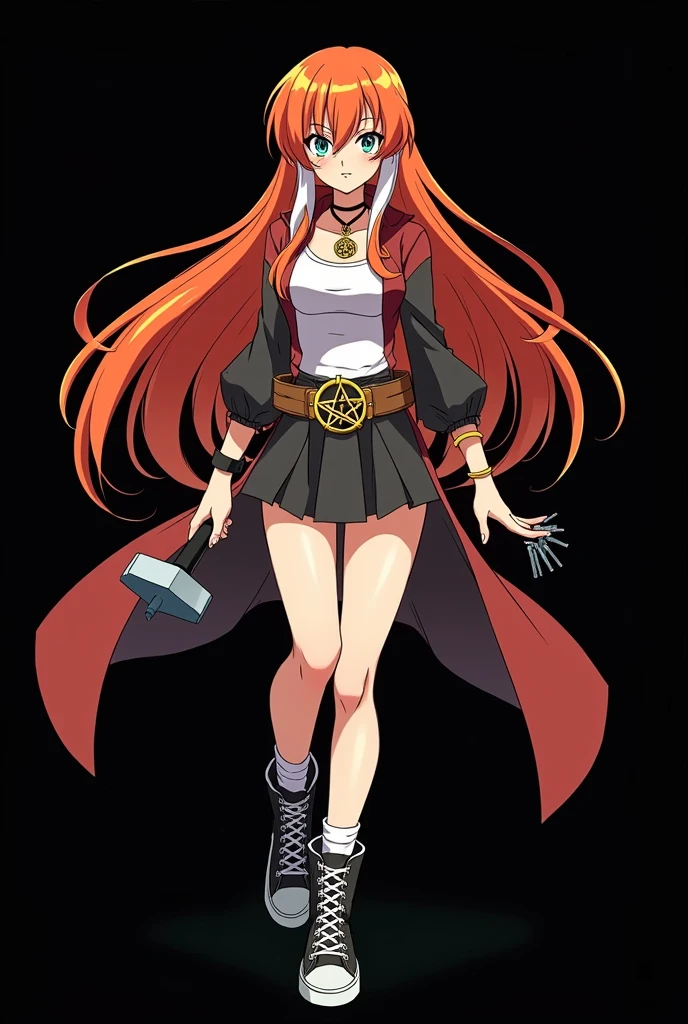 A full body image of a child, personagem do anime "Dragon Ball", she is very beautiful, with long, straight, fire-colored hair with two white streaks highlighted in the front, framing your face. She has blue-green eyes and pale skin.. she is a Wiccan, she is in fighting pose. she wears a pentagram necklace, croped, glued skirt, beautiful women&#39;s high-top shoes and ¾-long socks, she holds a nail hammer and small nails. It is drawn with Akira Toryama&#39;s animation. black backdrop.