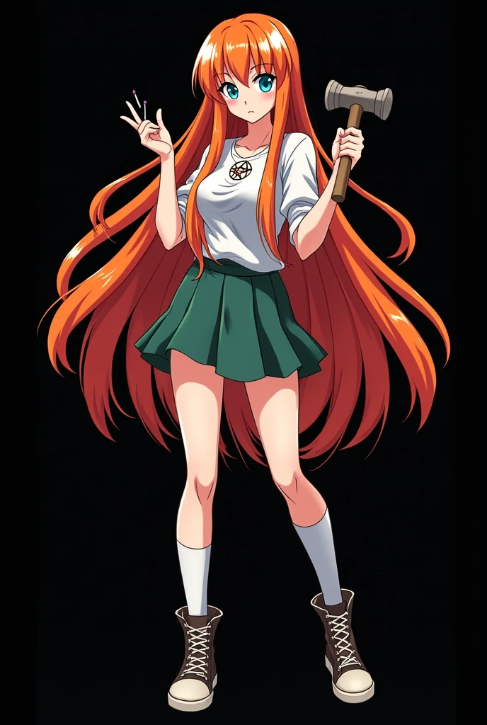 A full body image of a child, personagem do anime "Dragon Ball", she is very beautiful, with long, straight, fire-colored hair with two white streaks highlighted in the front, framing your face. She has blue-green eyes and pale skin.. she is a Wiccan, she is in fighting pose. she wears a pentagram necklace, croped, glued skirt, beautiful women&#39;s high-top shoes and ¾-long socks, she holds a nail hammer and small nails. It is drawn with Akira Toryama&#39;s animation. black backdrop.