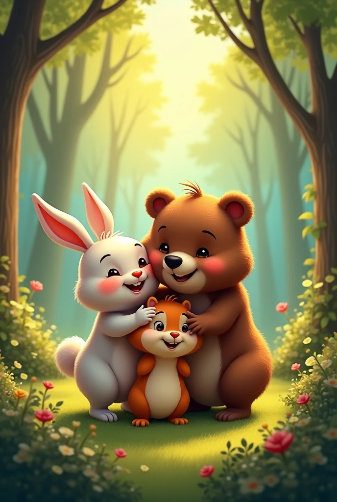 Enchanted Forest, Four very special friends: the hopping bunny, the little bird Trino, Squirrel Chispa and Cuddly Bear.
Moral: With friendship, everything is possible. hugging
