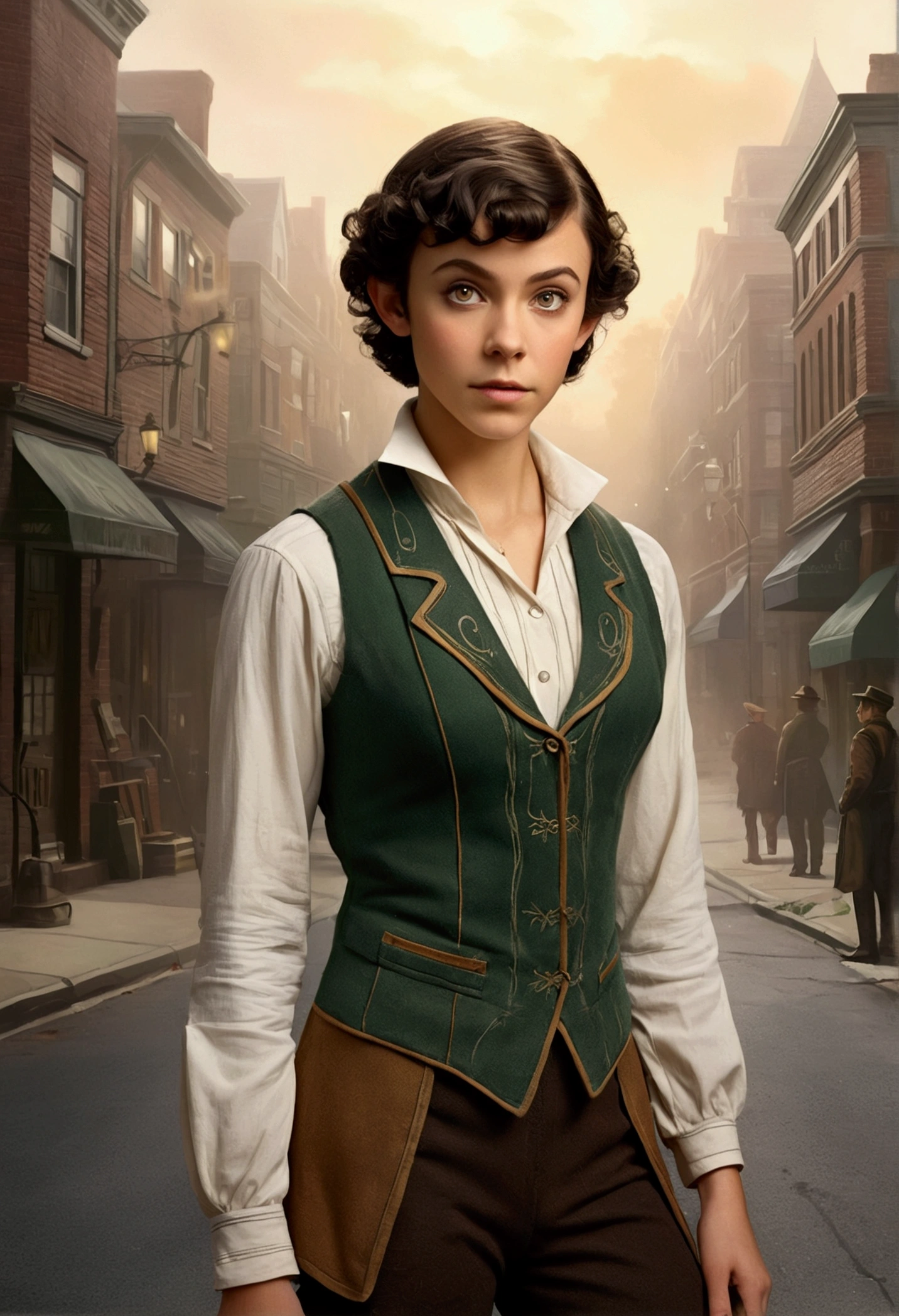 An illustrated movie poster, hand-drawn, full color, a age elven girl, wearing a newsie vest, athletic hourglass figure, long pointy elf ears, amber eyes, dark hair, curly bob cut, deep sun-tanned skintone, standing on a foggy victorian-era street corner, graphite shading, stencil marks, airbrushed acrylic paint, masterpiece, in the style of the Sherlock Holmes, elf ears
