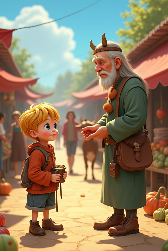 Animated. A young blonde boy with big blue eyes is at the market. He is there to sell the family’s cow. The boy is poor but beautiful. An old man tells the boy that he want to buy the cow. The old man gives the boy a small bag. The cow is brown. They are at the farmers market.